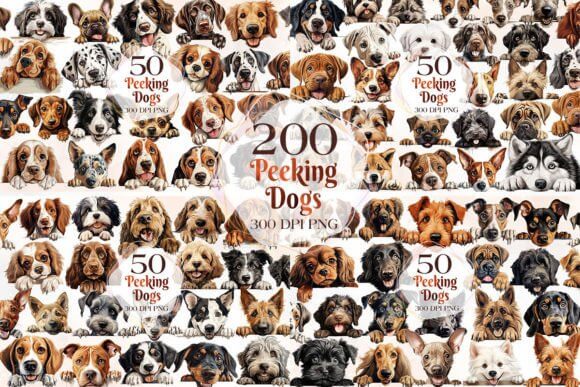 200 Breeds of Peeking Dogs Clipart Graphic