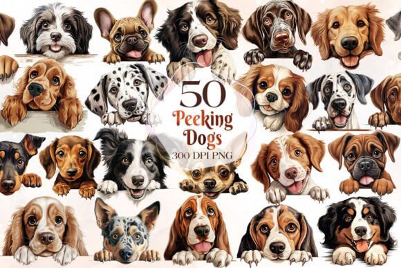 200 Breeds of Peeking Dogs Clipart Graphic