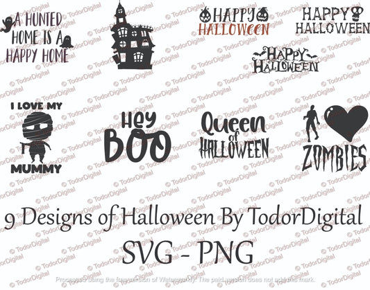 9 Svg Designs of Halloween - Happy Halloween Svg - Hunted Home Png - Queen Halloween Vector - Hey Boo Png - Svg For Stencil - Svg Bundle