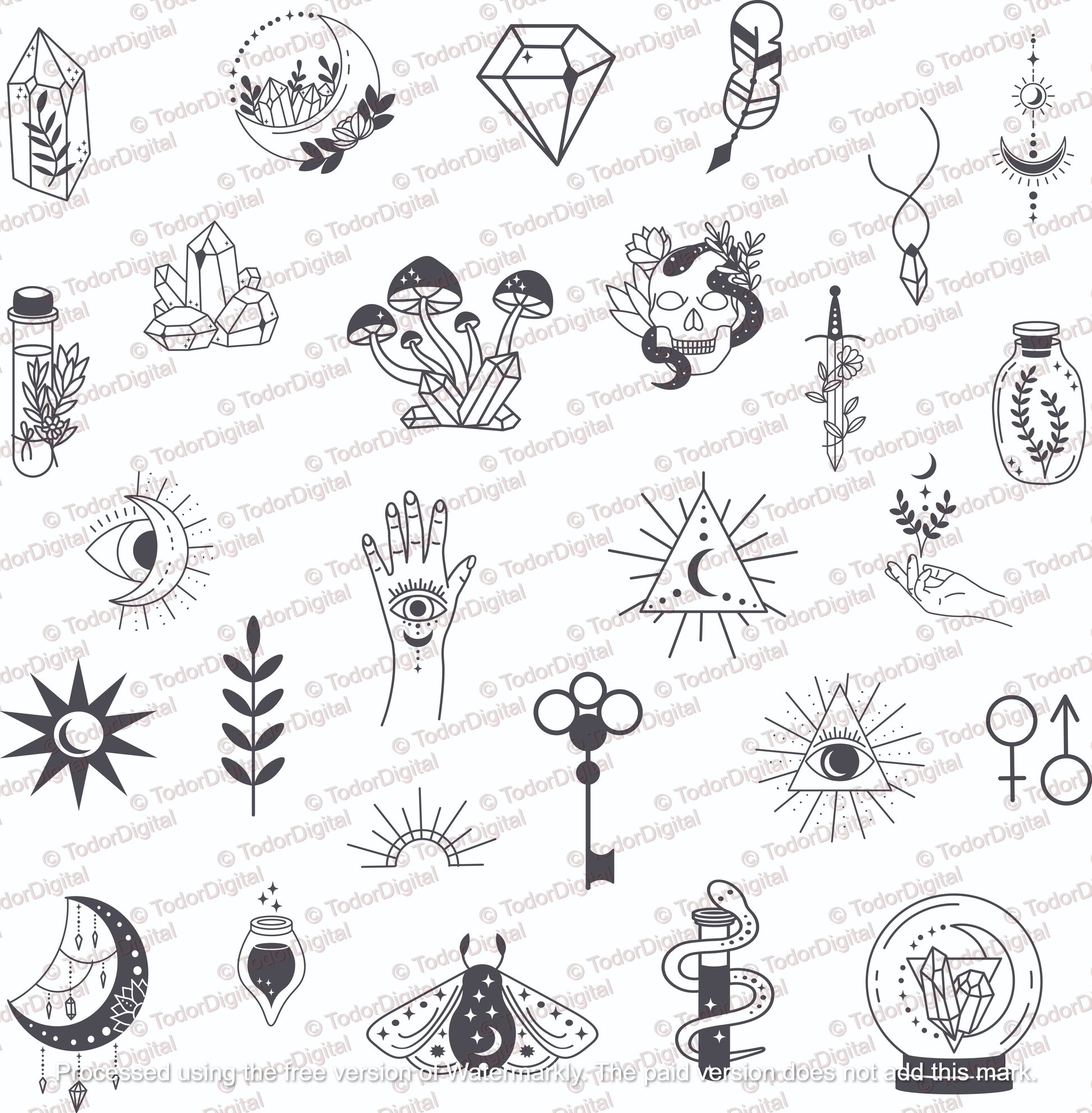 27 Witchcrafts Svg Bundle - Different Witchcrafts Symbols Svg - Moons With Flowers Crafts - Mushroom Craft Png - Skull Clipart - Hands Craft