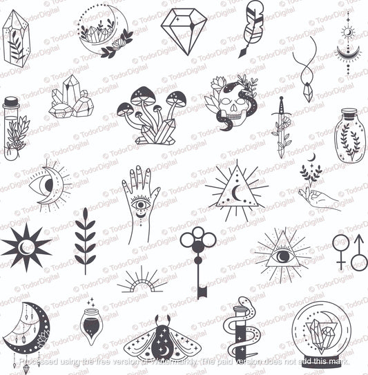 27 Witchcrafts Svg Bundle - Different Witchcrafts Symbols Svg - Moons With Flowers Crafts - Mushroom Craft Png - Skull Clipart - Hands Craft