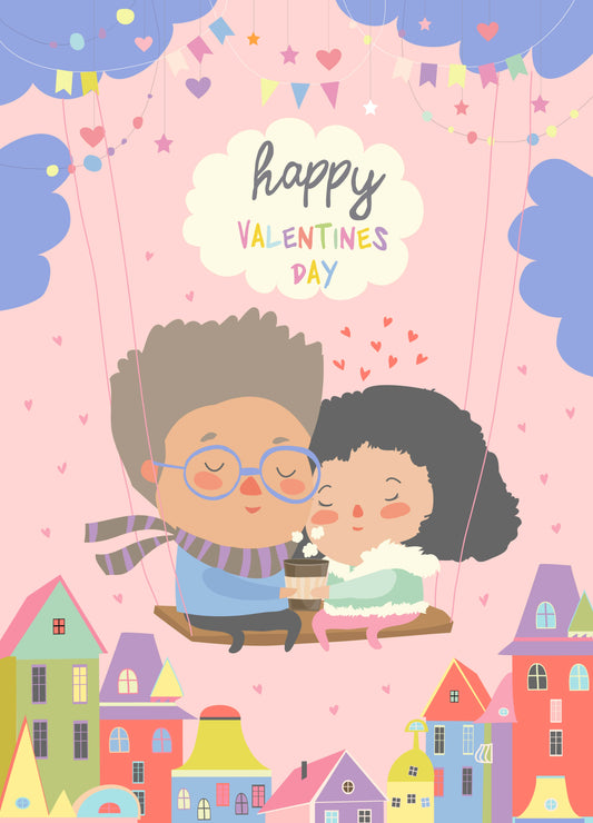 Happy Valentines Day - Two Lovers Sitting On Swing - Vector illustration