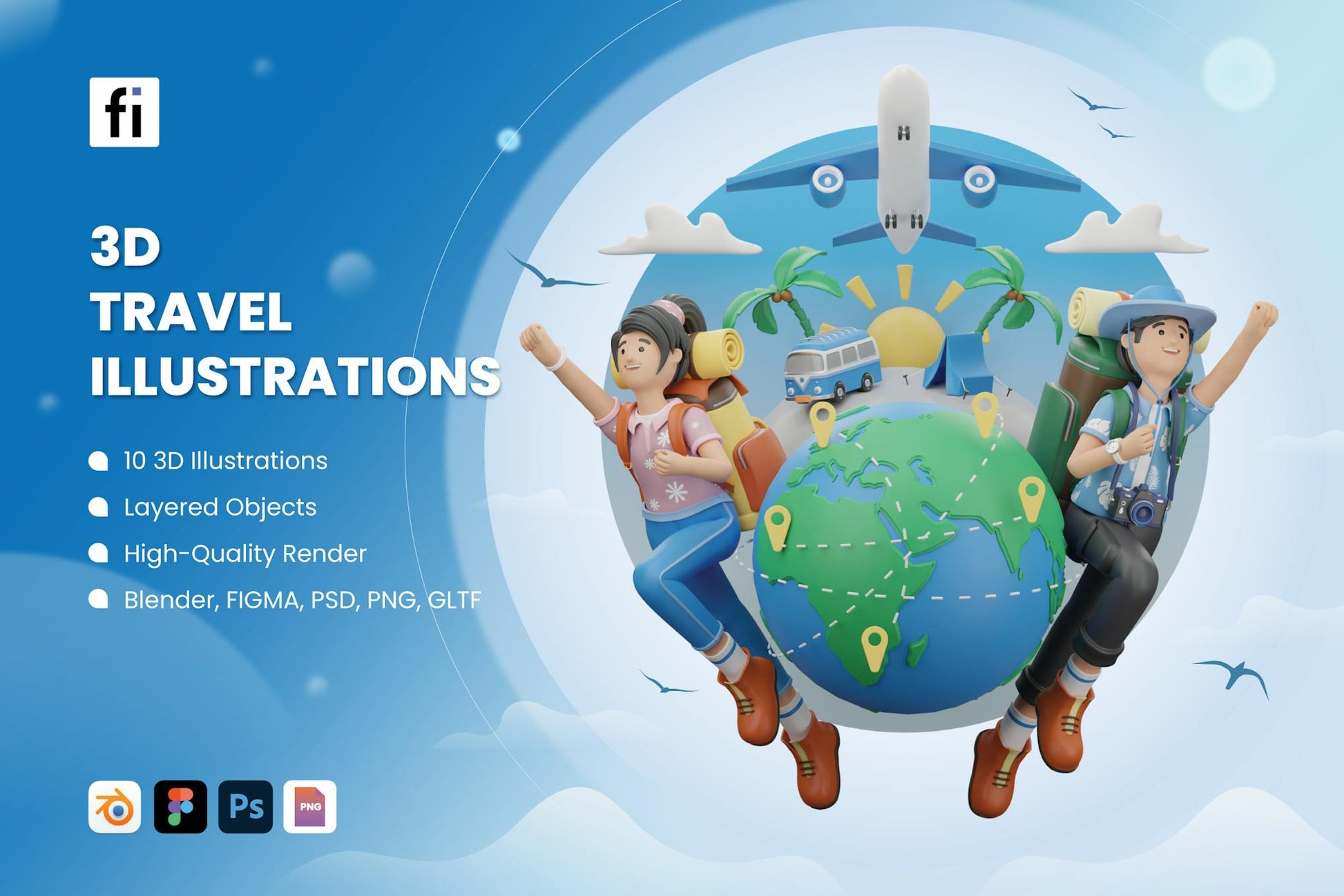 3D Travel Illustrations - 3D Vacation - 3D models /PNG/PSD/BLENDER/GLTF/FIGMA