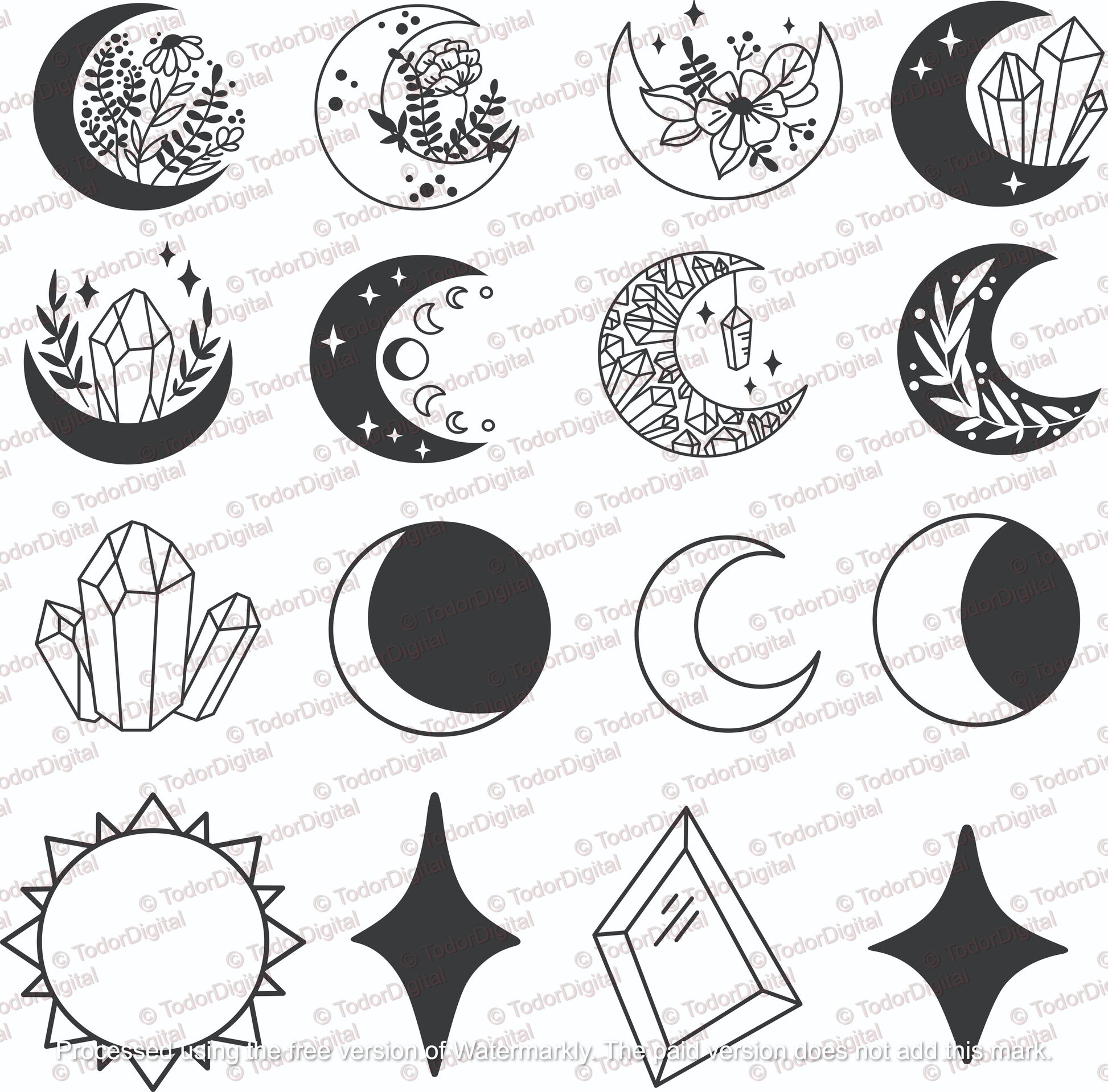 Witchcrafts Svg Bundle - Moons Witchcrafts Svg - Moons Crafts Files - Moon With Flowers Crafts Png - Suns Clipart - Stars Crafts Png