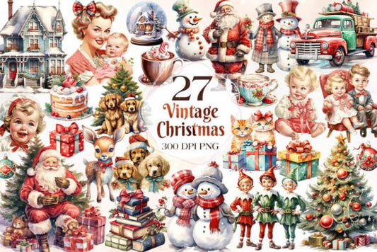 Vintage Christmas Watercolor Clipart