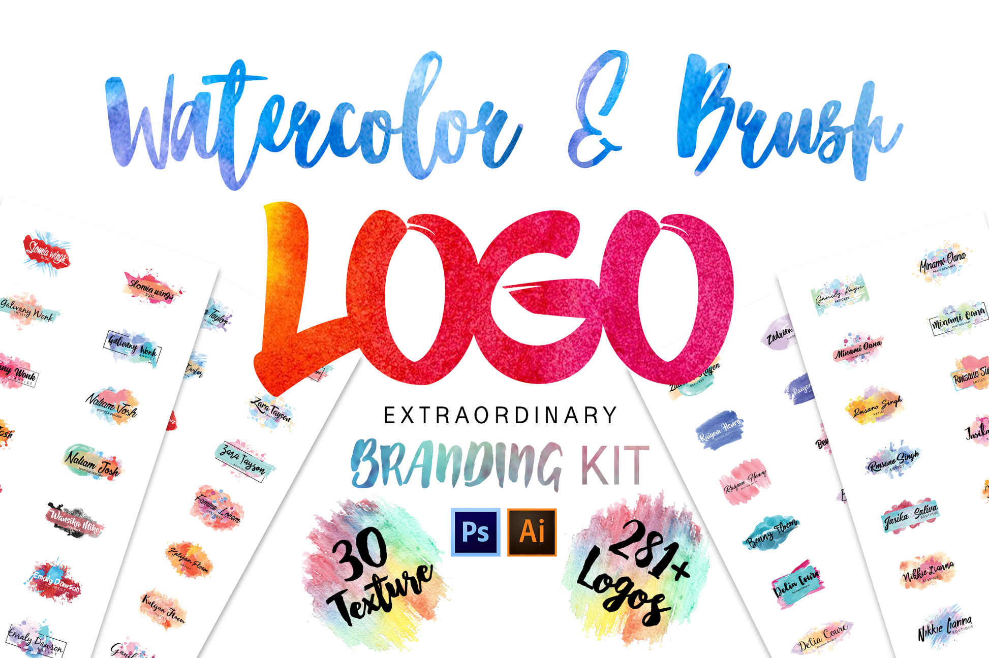 Watercolor and Brush Logos Branding Kit