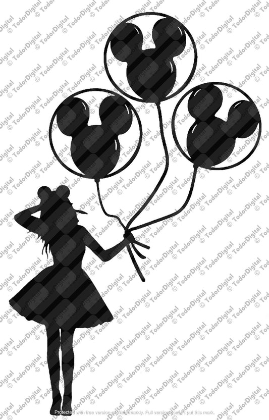 Mickey Balloons Svg File, Balloons Clipart, Mouse Balloons Clipart, Girl With Balloons Vector Graphics.