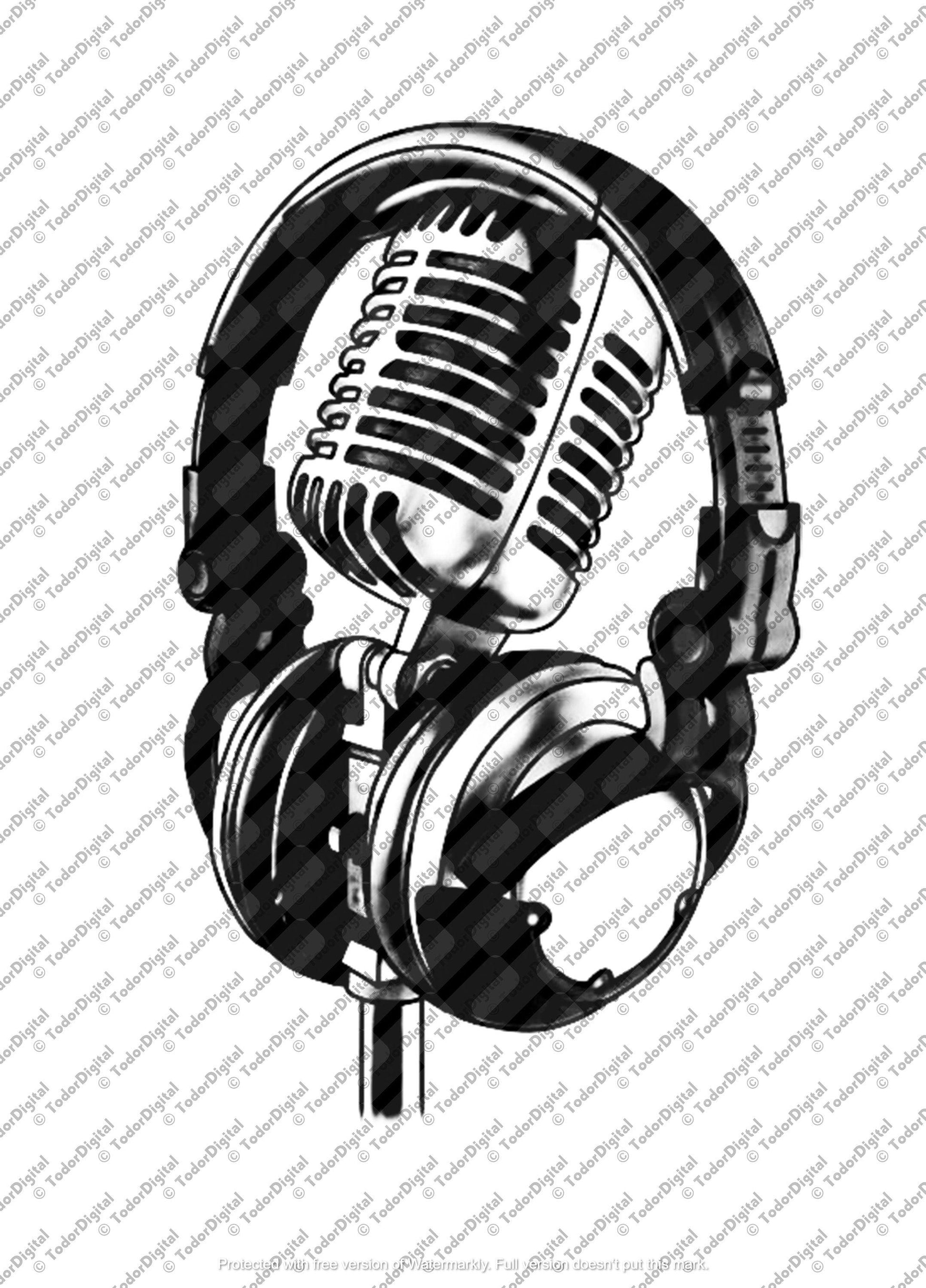 Microphone With Headphones Svg File, Music Svg Design, Microphone Clipart, Headphone Vector Graphics.