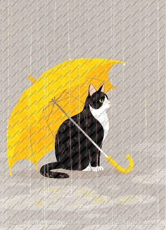 Cat Cross Stitch Pattern - Black Cat Cross Stitch - Funny Cat With Yellow Umbrella - Hand Embroidery