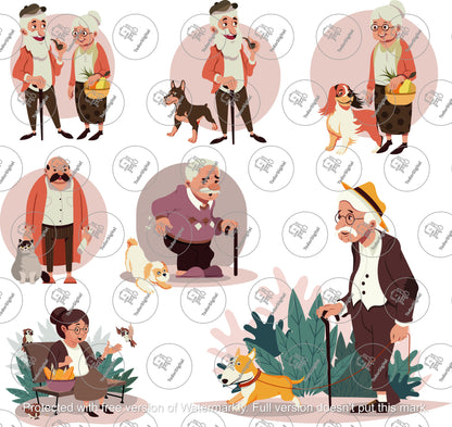 Elderly Bundle SVG, EPS, AI, Elderly With Animals Svg, Elderly With Cane Svg, Elderly Clipart, Elderly Thirts Design, Elderly Png Files