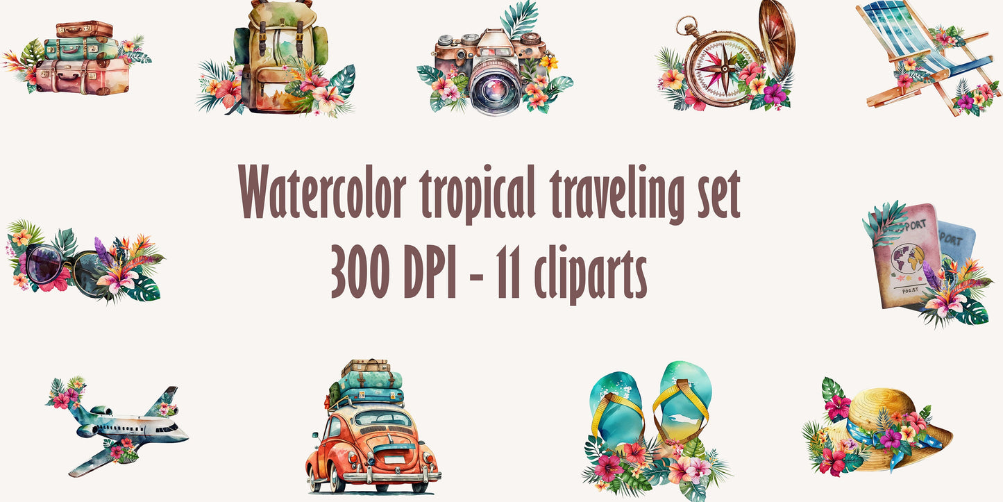 Watercolor Tropical Traveling Watercolor clipart set, Traveling PNG Clipart, Sublimation Watercolor, Fantastic Traveling Sublimation