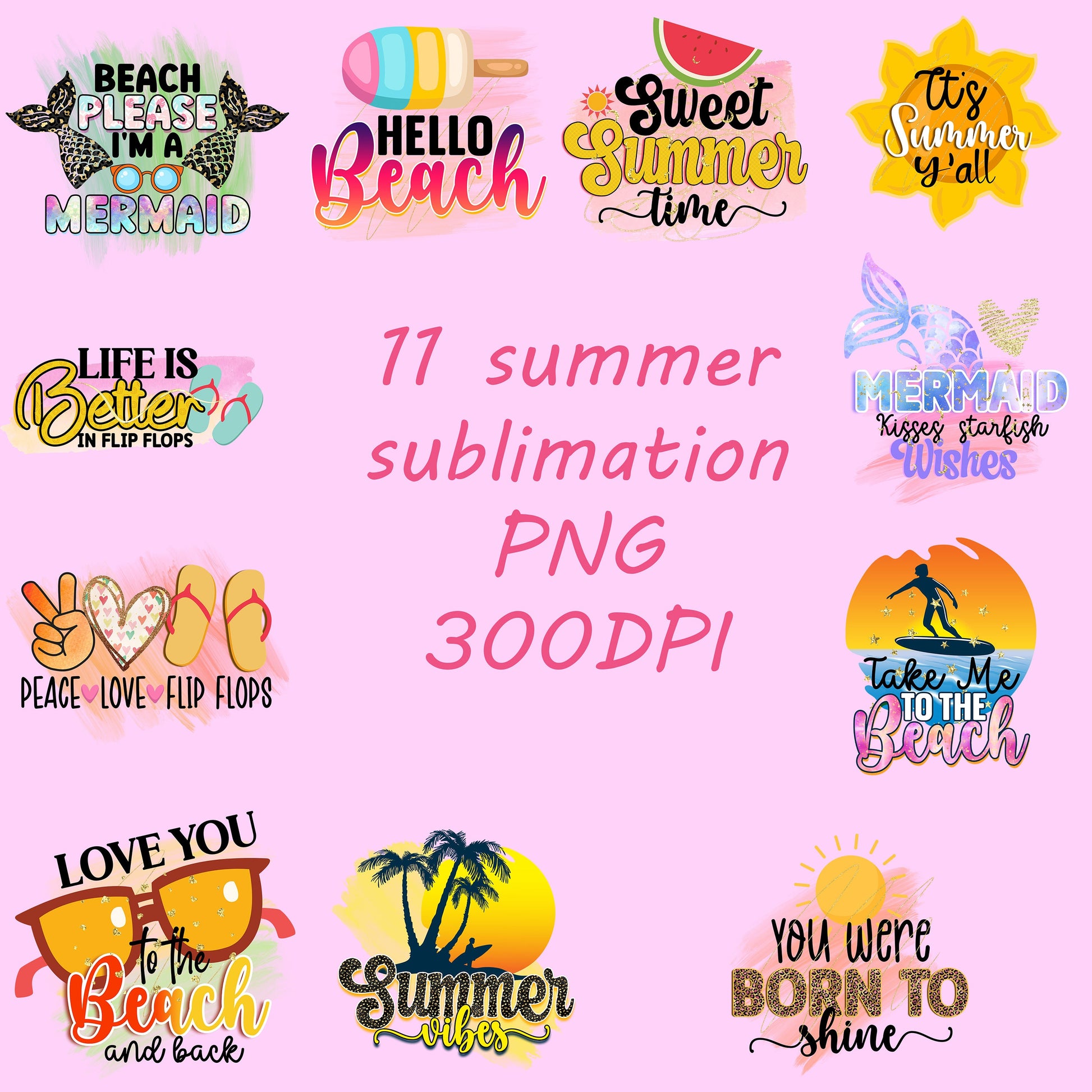 Summer Sublimation Bundle - 11 Summer Beach Designs - Summer Shirt Designs, PNG Layers Files, Summer Clipart, 300 DPI Png, Printable Files