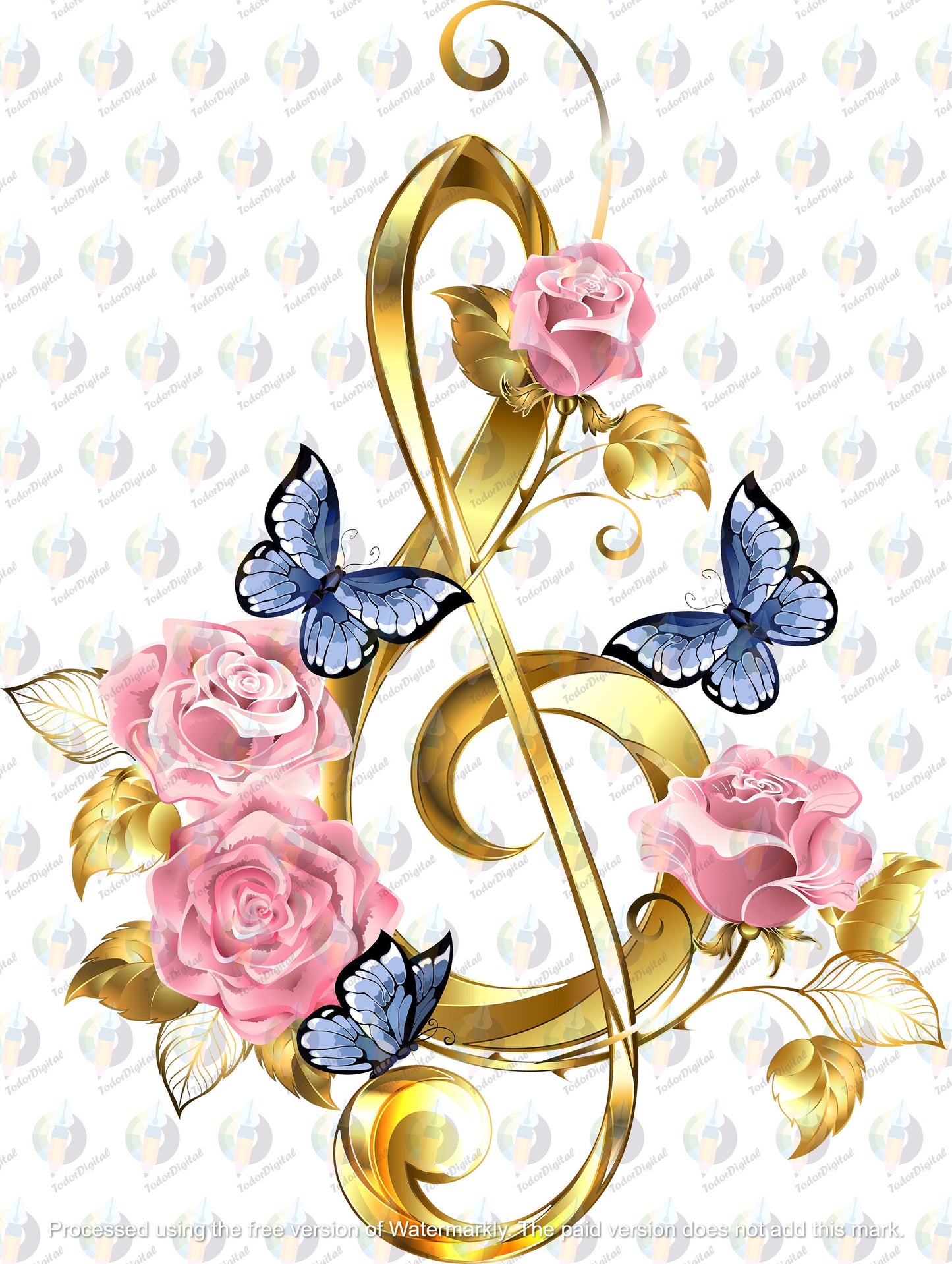 Musical Key with Pink Roses - Gold Musical Key Design - Musical Lovers Svg, Musical Key Symbol svg - Musical Key Cut File - Musical Key