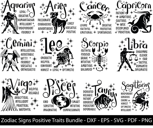 Zodiac Signs Positive Traits Bundle, Aquarius, Aries, Cancer, Capricorn, Gemini, Leo, Libra, Pisces, Sagittarius, Scorpius, Taurus, Virgo